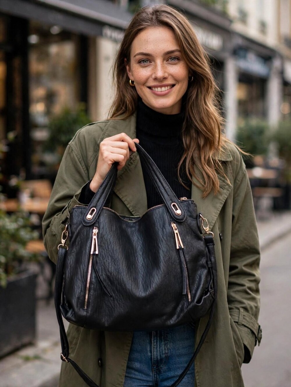 Jessica Simpson Black Leather Shoulder Tote with Gold Hardware